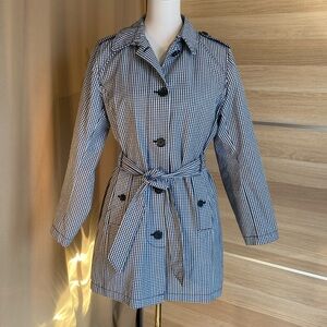 Lands’ End Gingham Belted Trench Jacket Black White Size M/P 10-12
